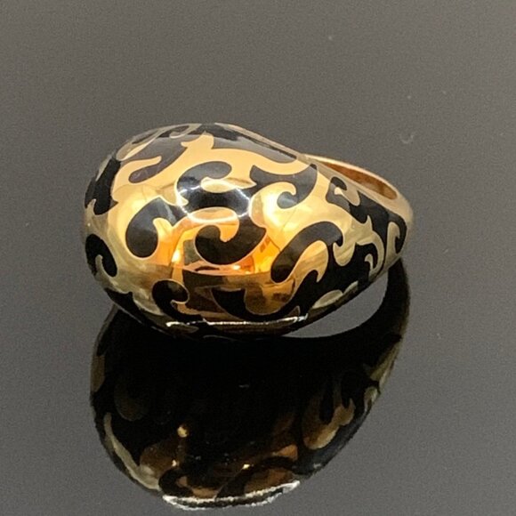 Black Enamel Gold Tone REBECCA Chunky Dome Swirl Pattern Ring Size 6.75 J728 - Picture 2 of 12